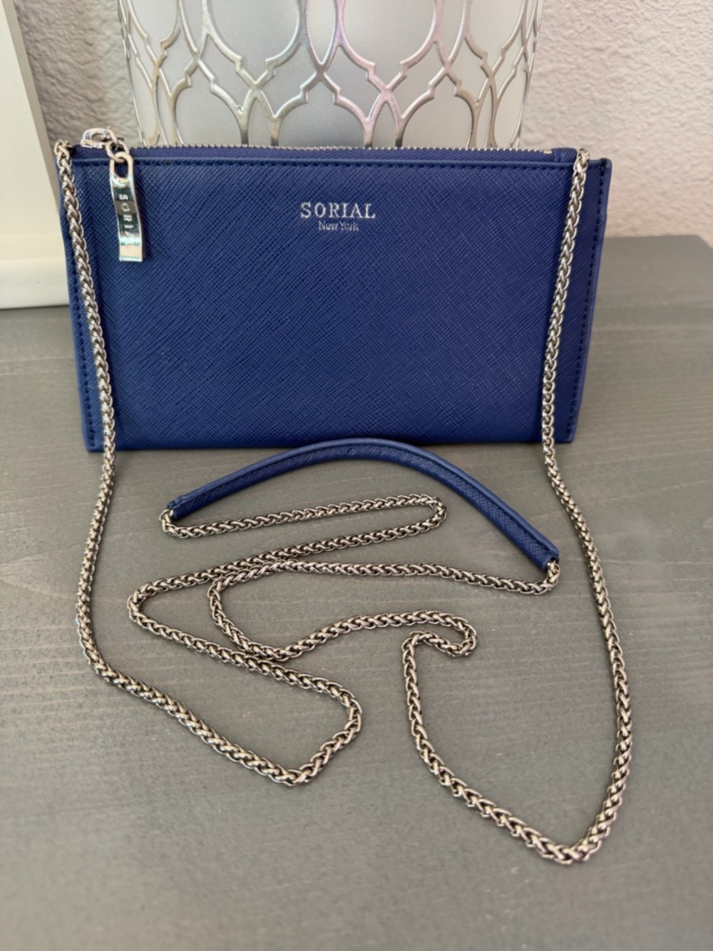 Sorial Navy Blue Crossbody Chain Wallet with Silver Hardware